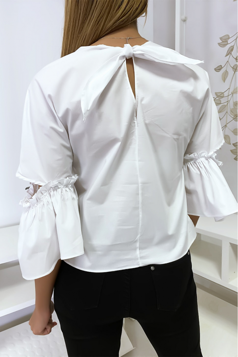 White blouse with flying sleeves and pretty little bow - 5