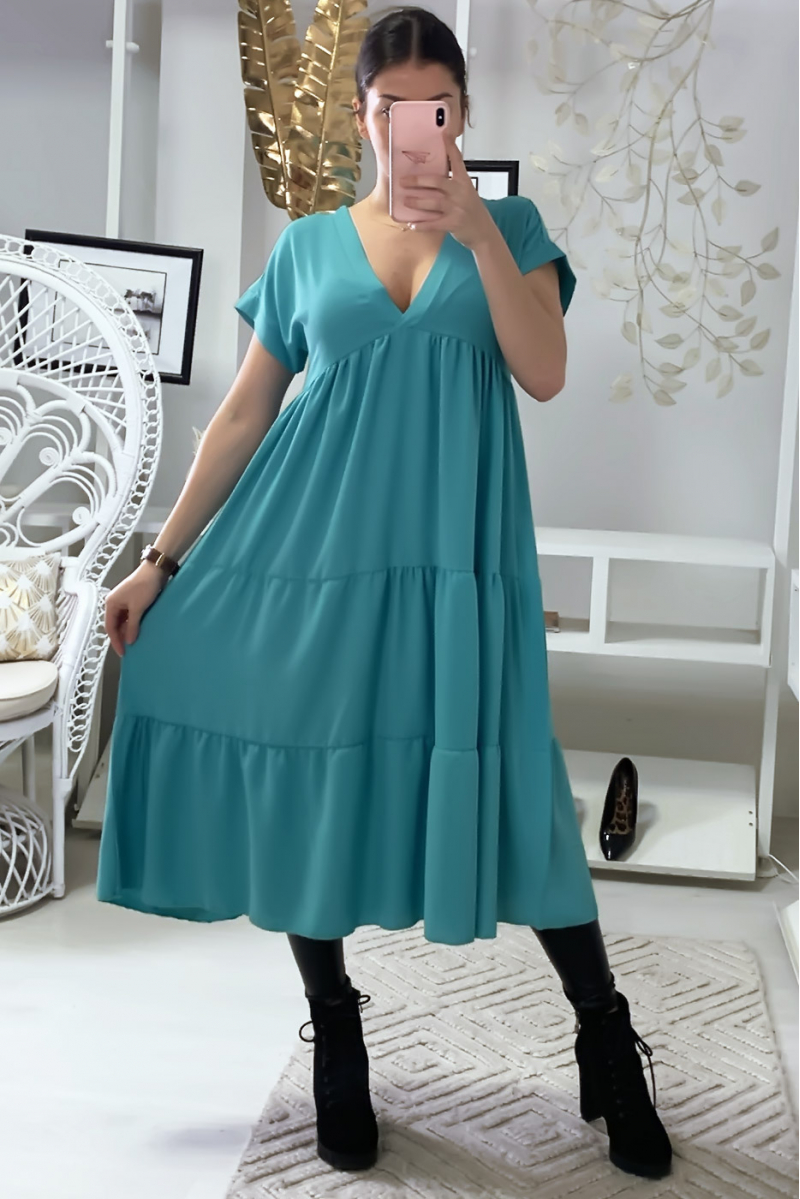 Long V-neck tunic dress with flounce in turquoise - 1