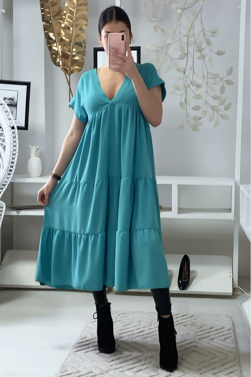 Long V-neck tunic dress with flounce in turquoise - 4
