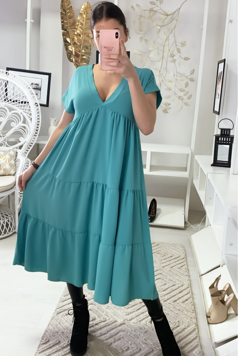 Long V-neck tunic dress with flounce in turquoise - 2