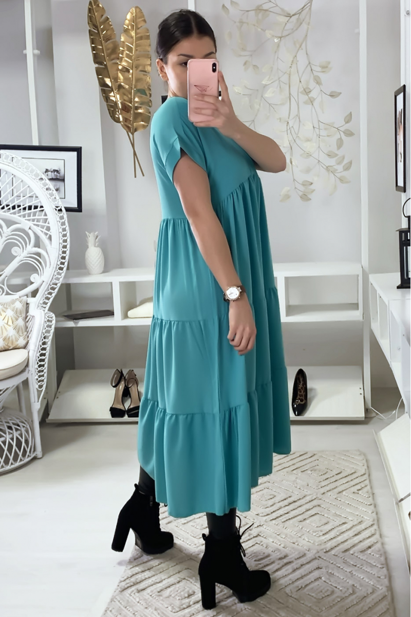 Long V-neck tunic dress with flounce in turquoise - 5