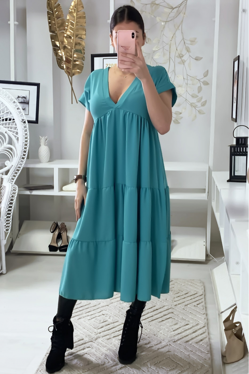 Long V-neck tunic dress with flounce in turquoise - 3