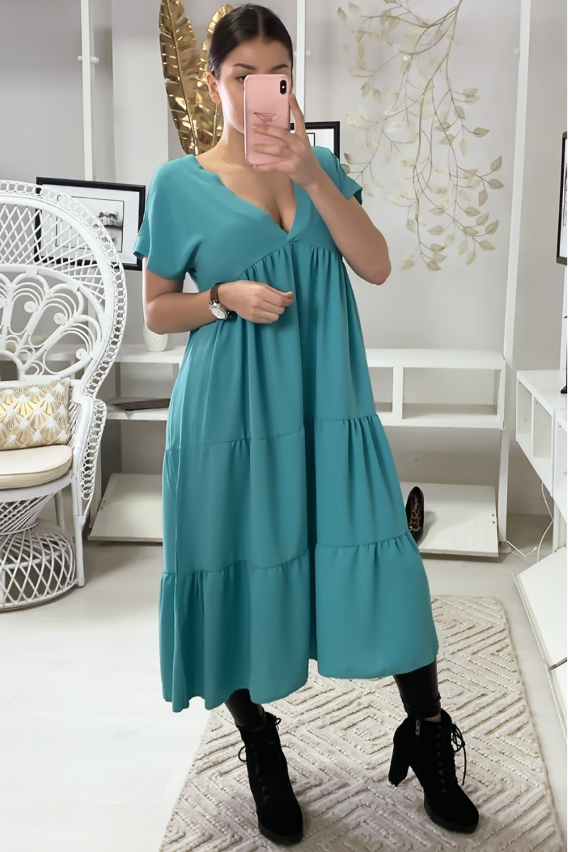 Long V-neck tunic dress with flounce in turquoise - 6