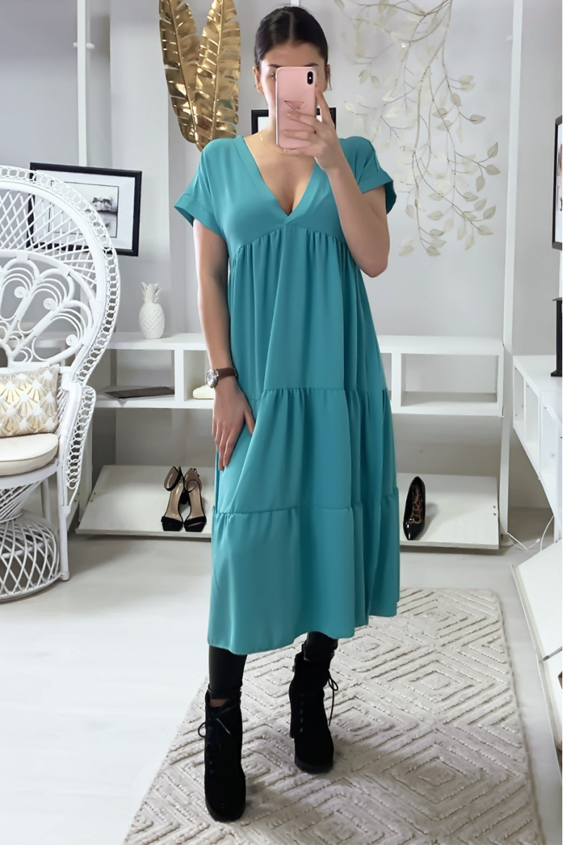 Long V-neck tunic dress with flounce in turquoise - 8