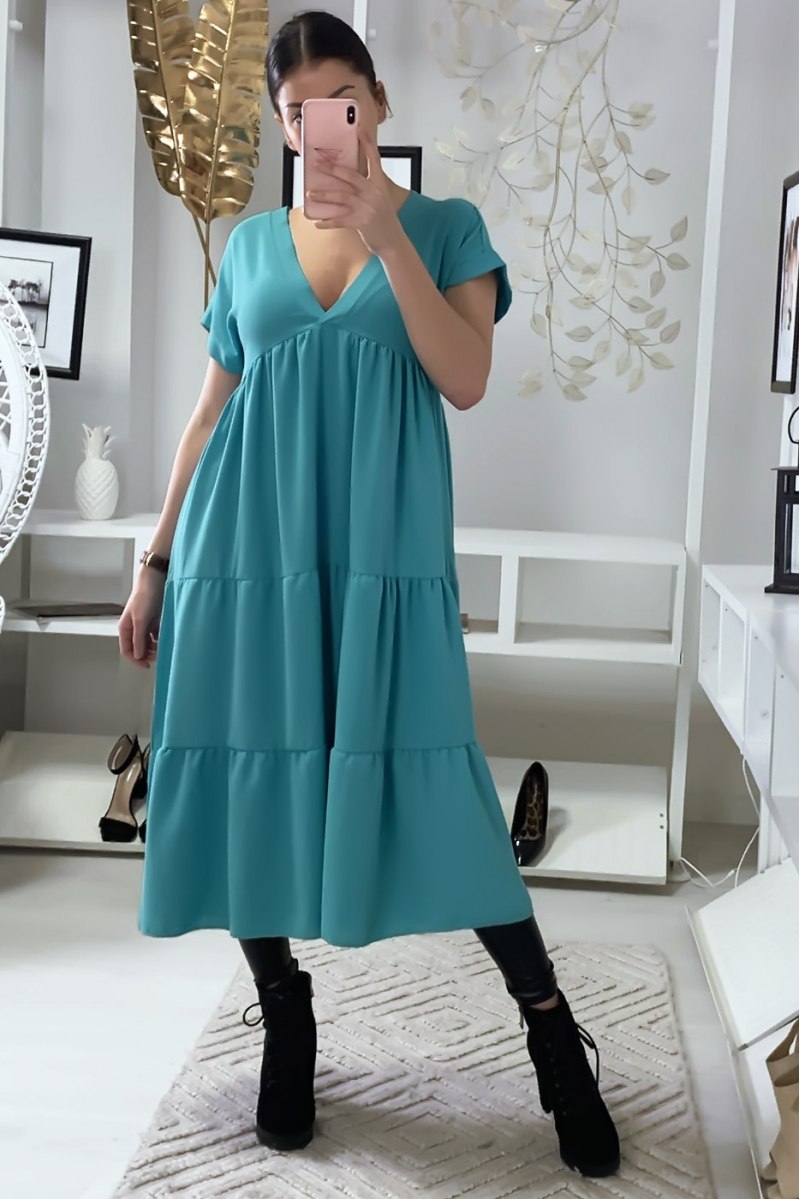 Long V-neck tunic dress with flounce in turquoise - 7
