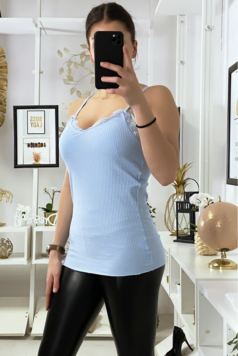 Turquoise ribbed tank top with lace at bust and back - 3