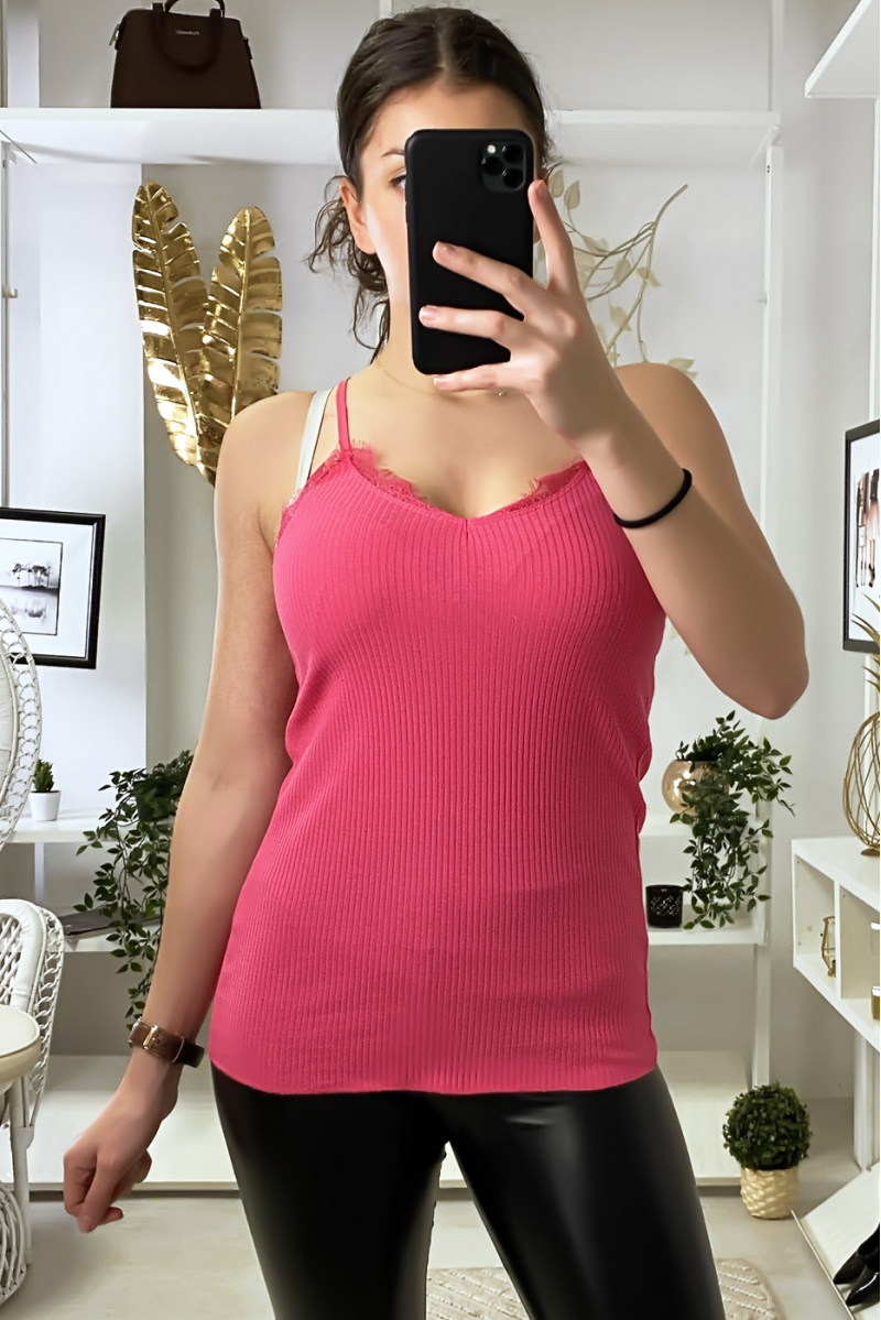 Ribbed fuchsia tank top with lace at bust and back - 5