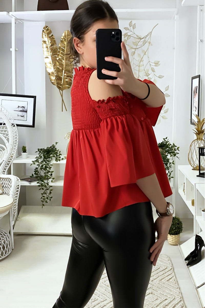 Red blouse dark bare shoulders front with sequins - 6