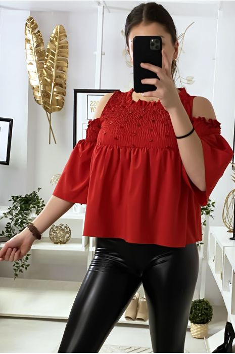 Blouse rouge épaules dénudé foncé devant avec paillettes - 2