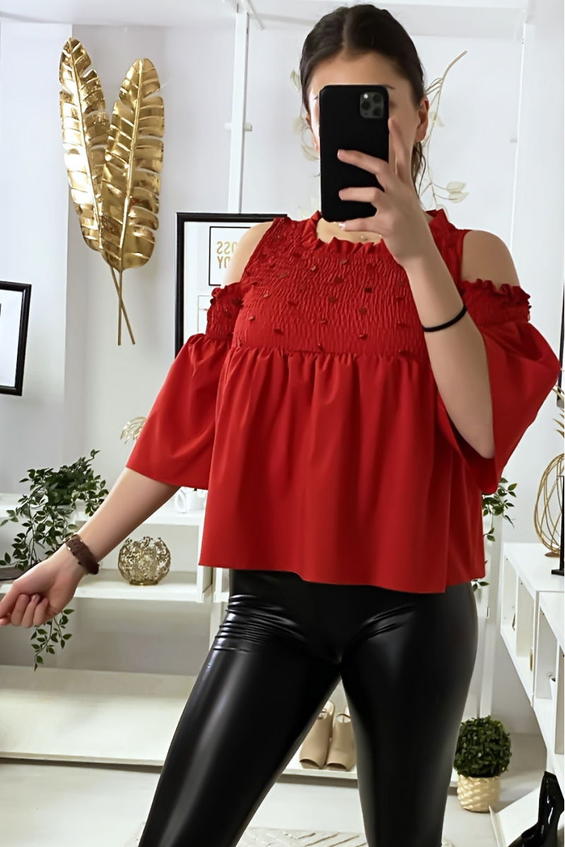 Red blouse dark bare shoulders front with sequins - 2