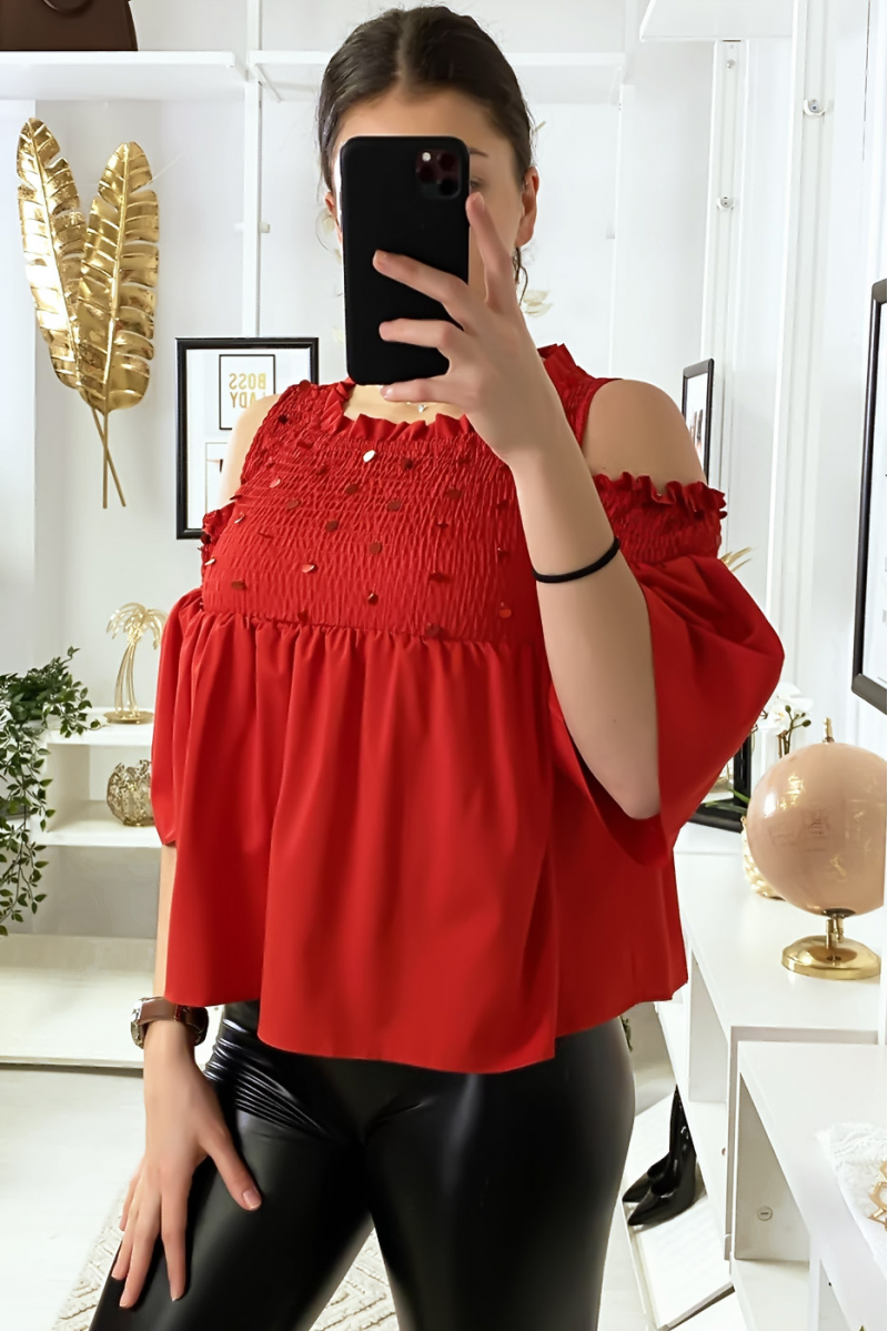 Rode blouse donkere blote schouders voorkant met pailletten - 4