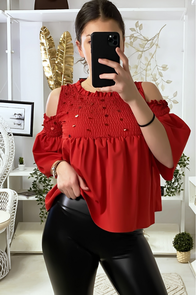 Red blouse dark bare shoulders front with sequins - 3