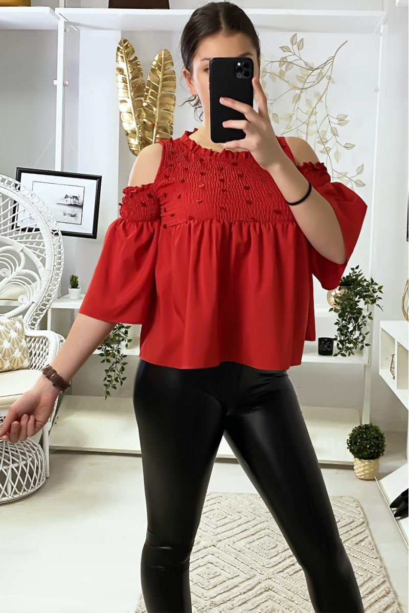 Rode blouse donkere blote schouders voorkant met pailletten - 5
