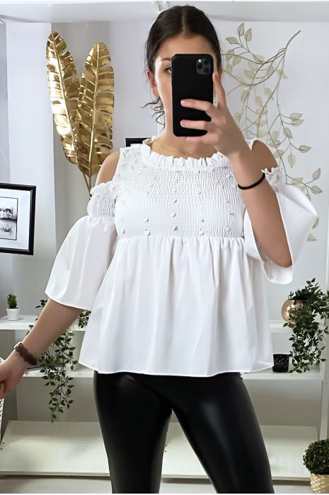 Blouse blanche épaules dénudé foncé devant avec paillettes - 1
