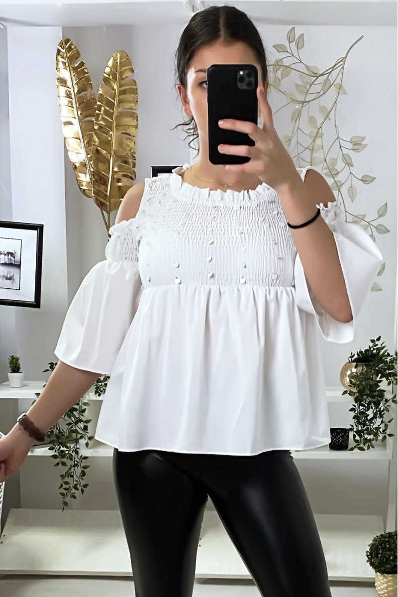 Witte blouse donkere blote schouders voorkant met pailletten - 1