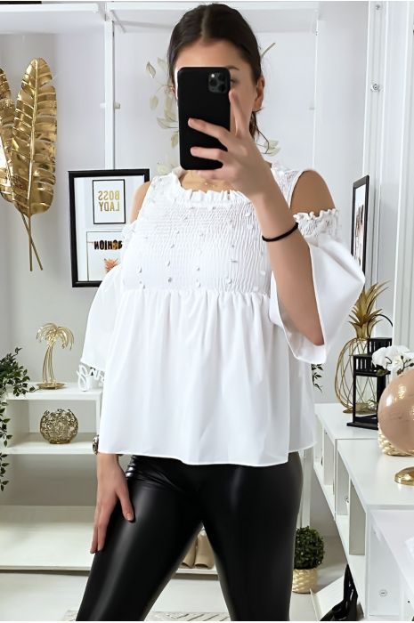 White blouse dark bare shoulders front with sequins - 2