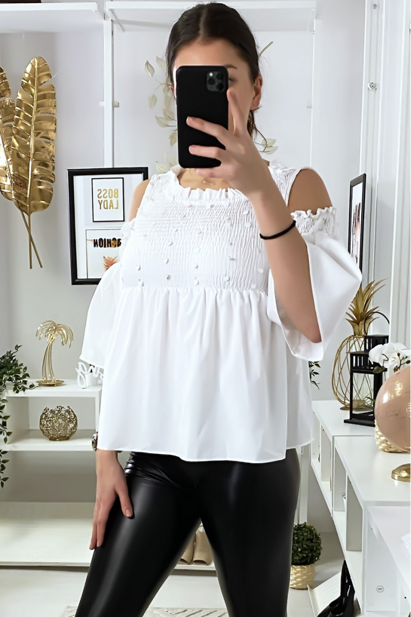 Witte blouse donkere blote schouders voorkant met pailletten - 2