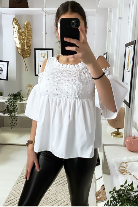 White blouse dark bare shoulders front with sequins - 4