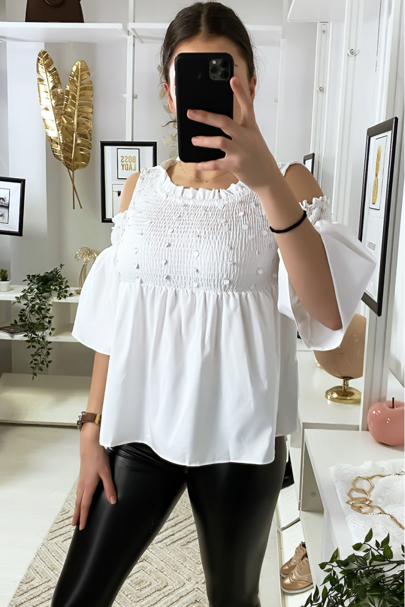 Witte blouse donkere blote schouders voorkant met pailletten - 4