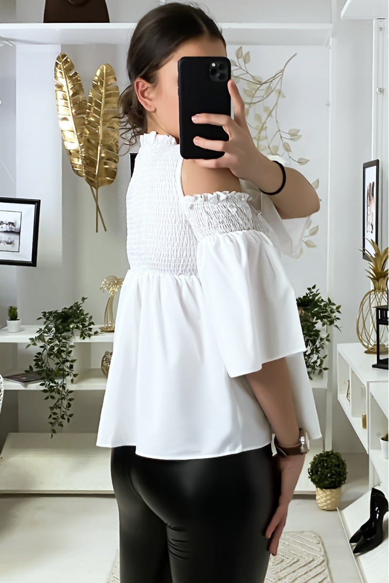 Witte blouse donkere blote schouders voorkant met pailletten - 5