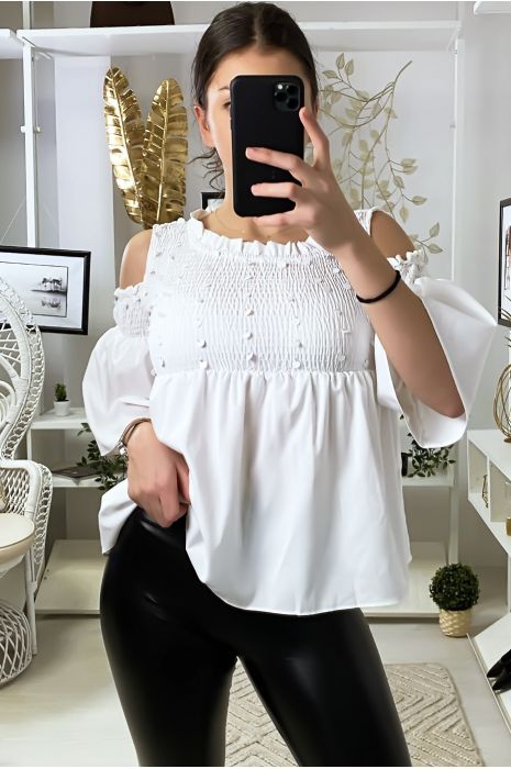 White blouse dark bare shoulders front with sequins - 3