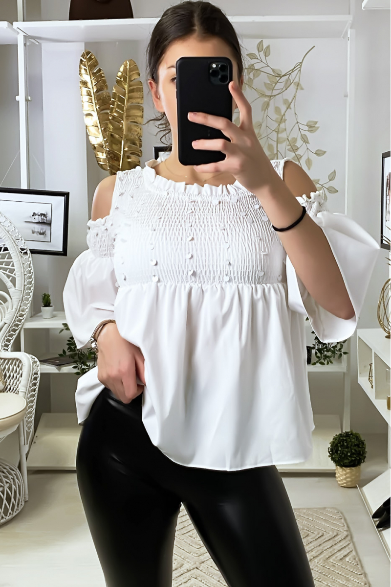 Witte blouse donkere blote schouders voorkant met pailletten - 3
