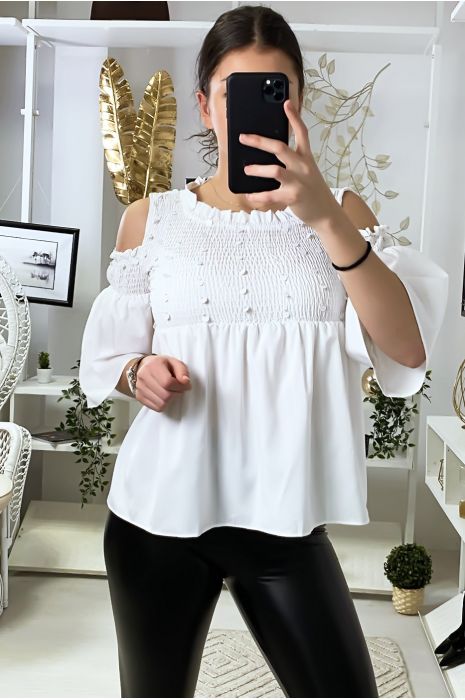 White blouse dark bare shoulders front with sequins - 6