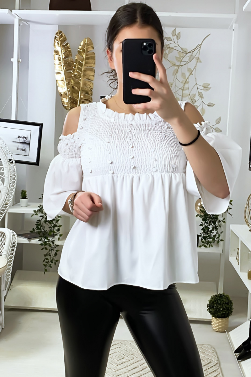 Witte blouse donkere blote schouders voorkant met pailletten - 6