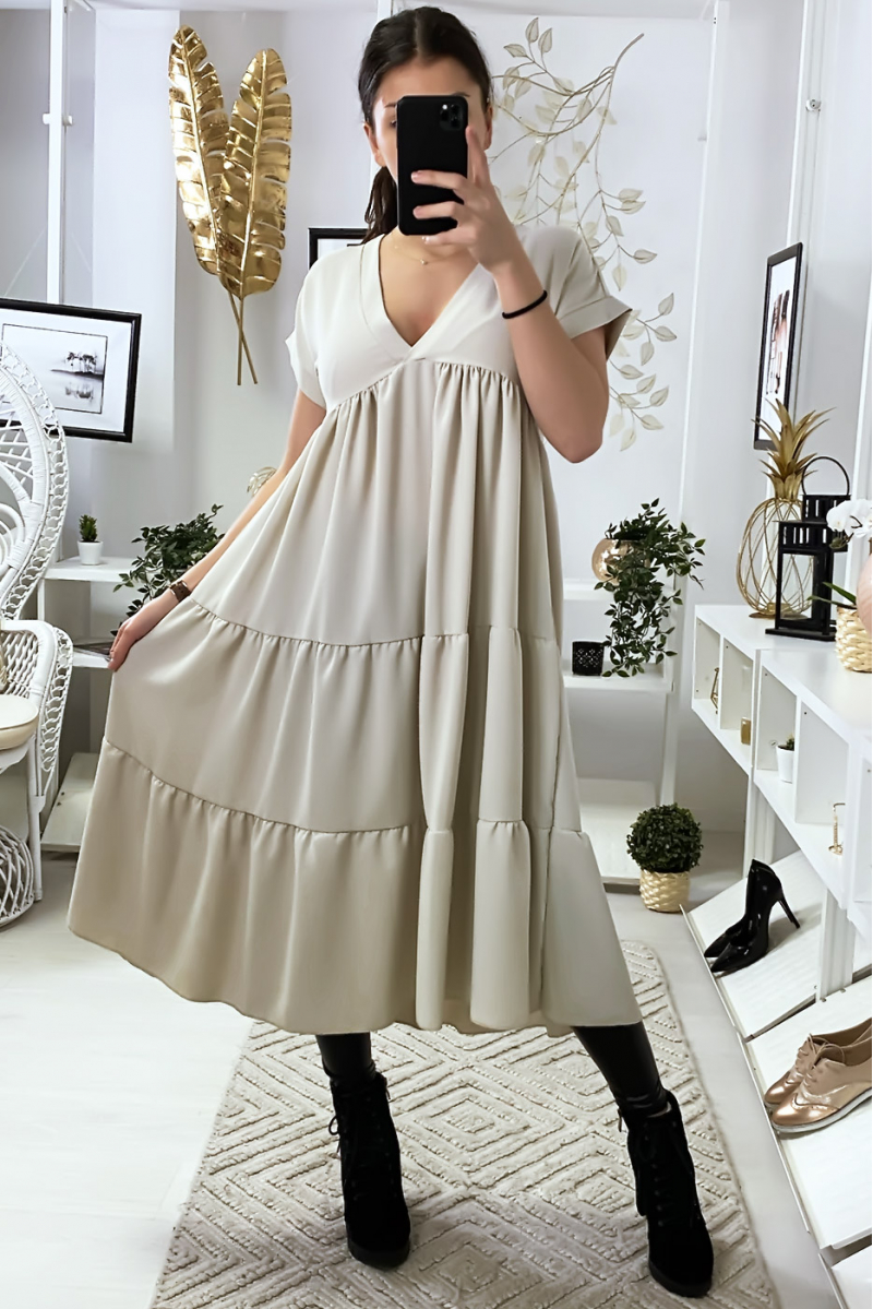 LoLL V-neck tunic dress with ruffles in beige - 1