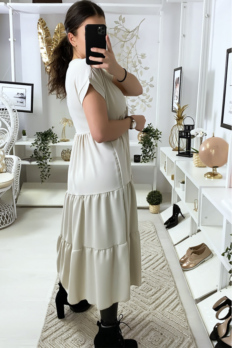 LoLL V-neck tunic dress with ruffles in beige - 5