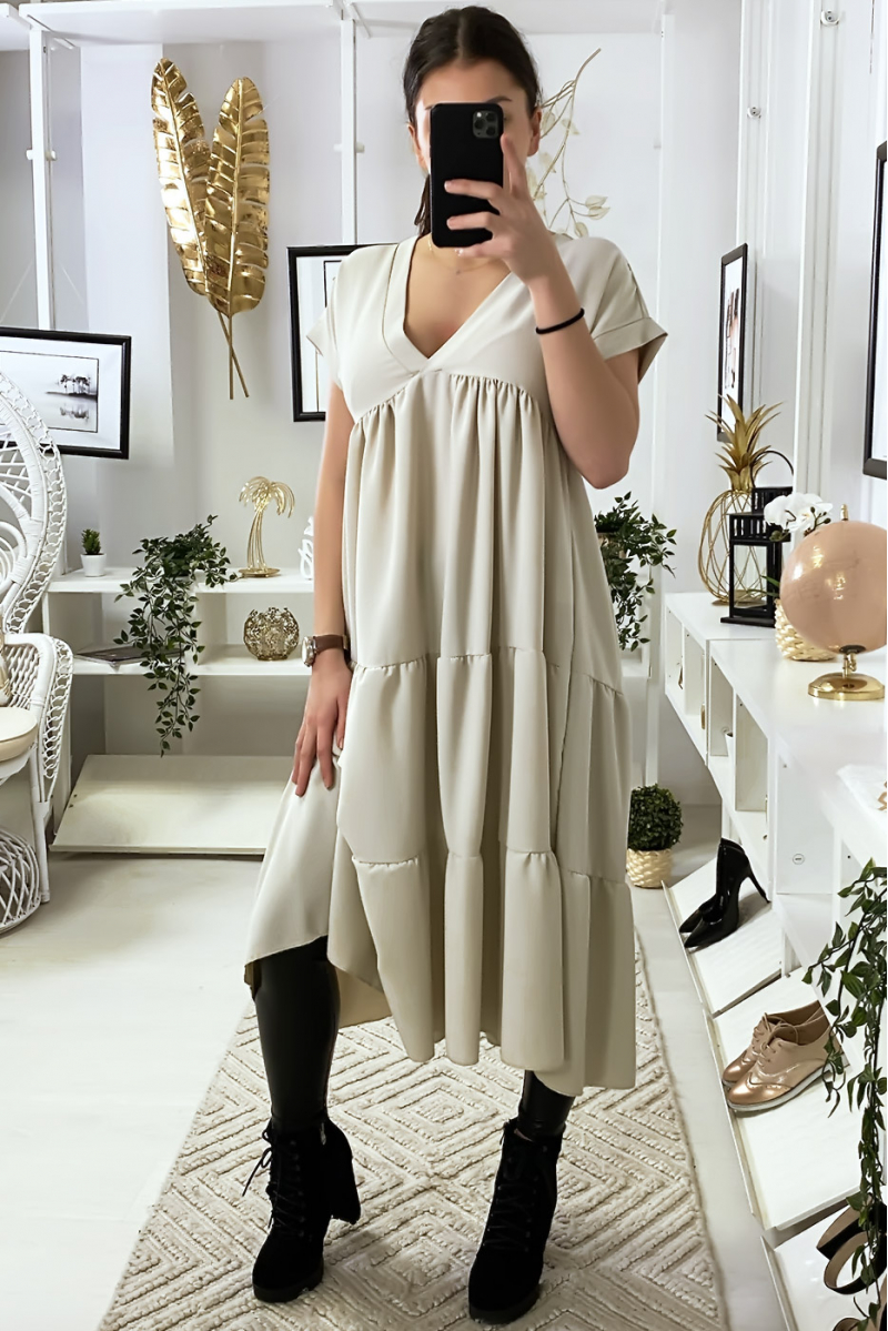 LoLL V-neck tunic dress with ruffles in beige - 2
