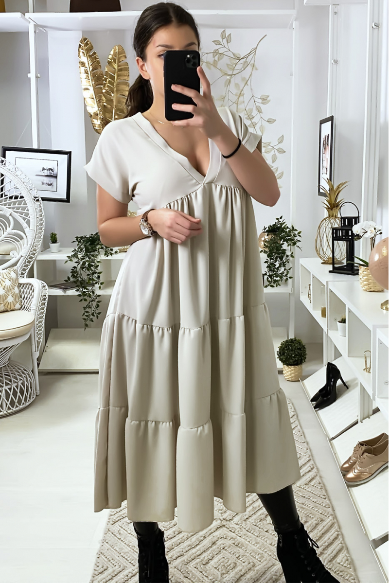 LoLL V-neck tunic dress with ruffles in beige - 4