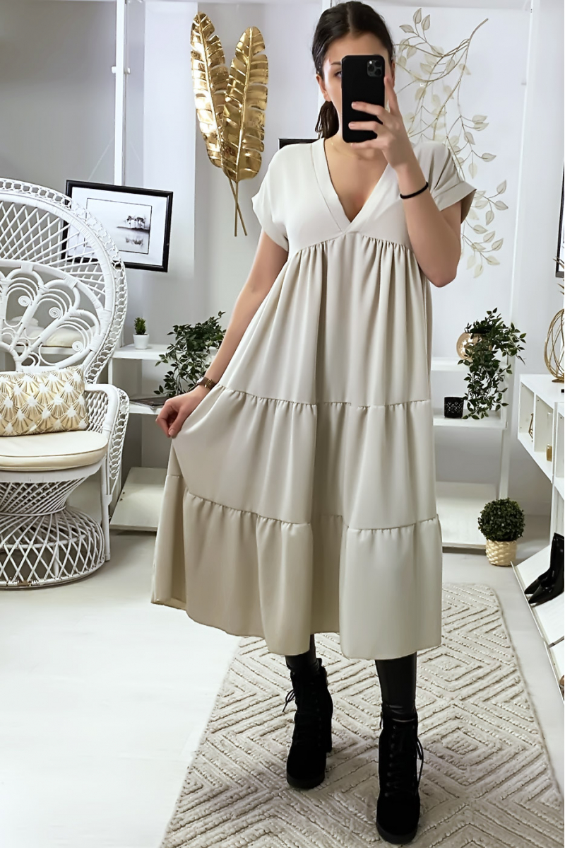 LoLL V-neck tunic dress with ruffles in beige - 6
