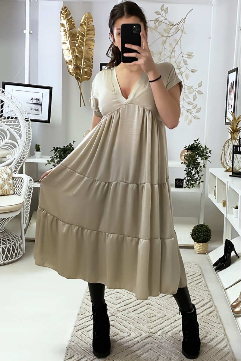 Long V-neck tunic dress with ruffle in beige - 1