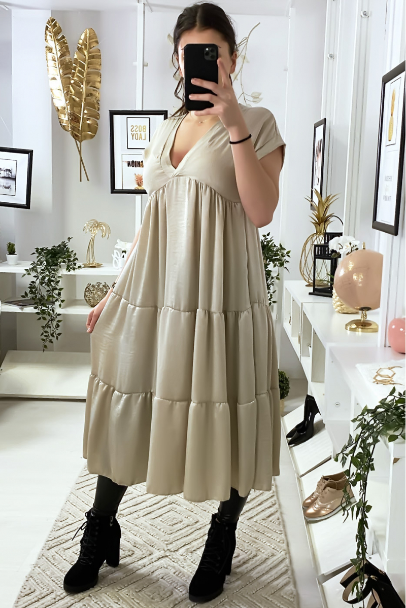 Long V-neck tunic dress with ruffle in beige - 2