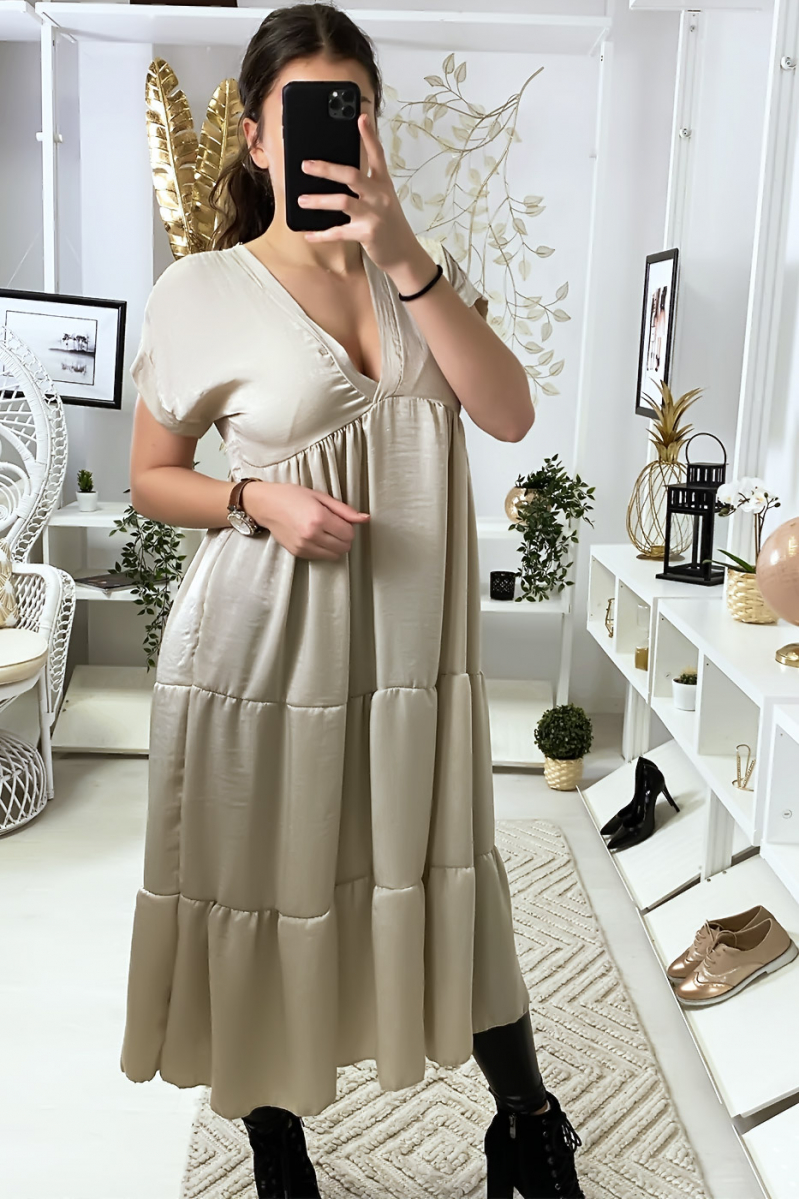 Long V-neck tunic dress with ruffle in beige - 3