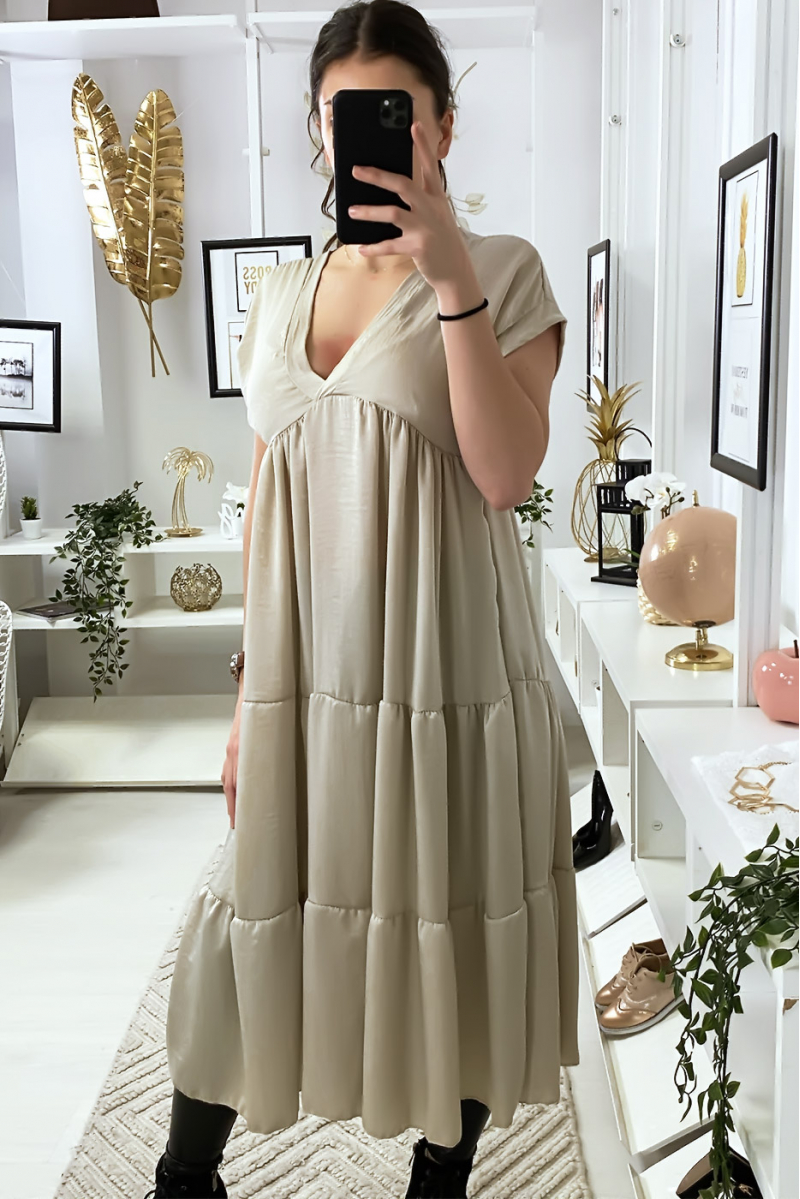 Long V-neck tunic dress with ruffle in beige - 4