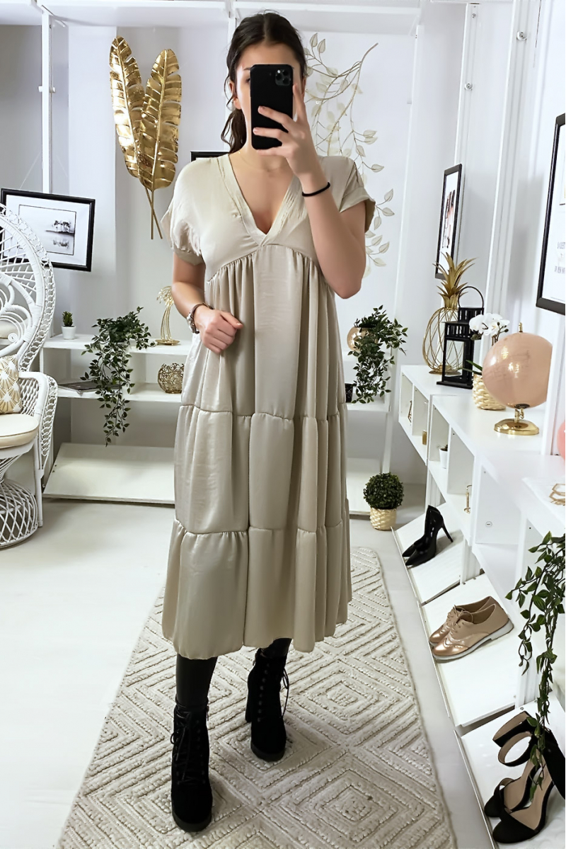 Long V-neck tunic dress with ruffle in beige - 6