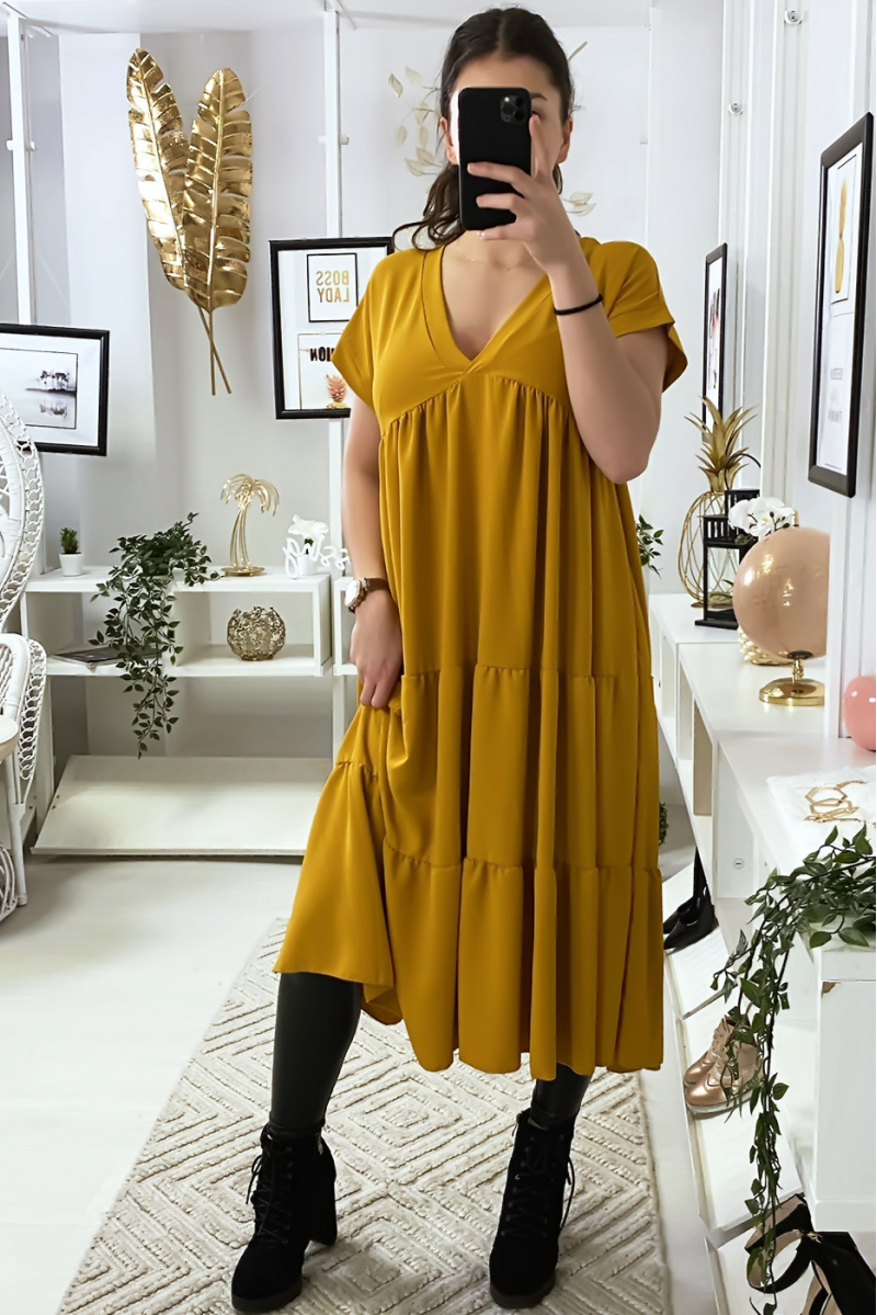 Long V-neck tunic dress with ruffles in mustard - 2