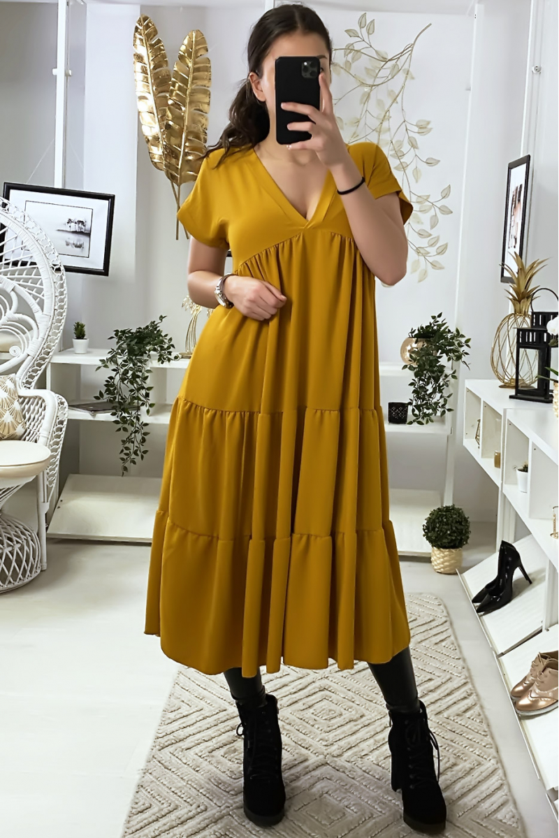 Long V-neck tunic dress with ruffles in mustard - 3