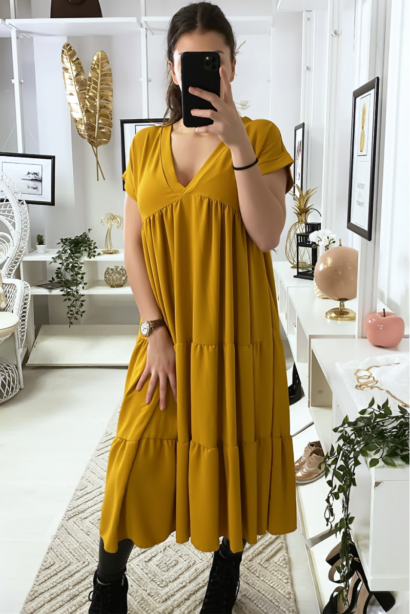 Long V-neck tunic dress with ruffles in mustard - 5