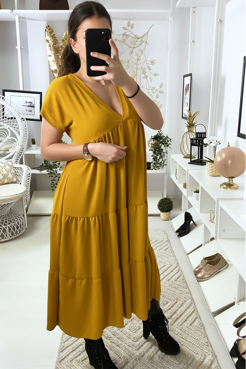 Long V-neck tunic dress with ruffles in mustard - 4