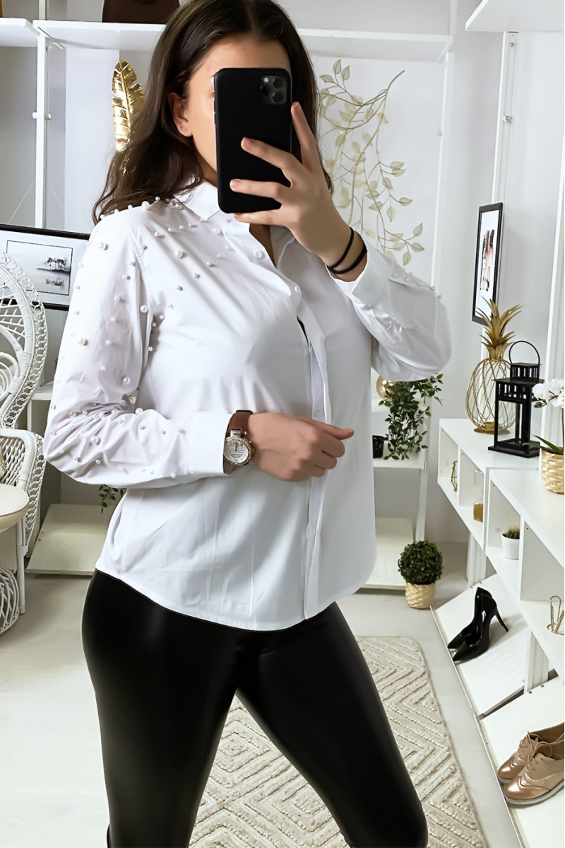 Wit overhemd met parels op mouwen en schouders - 3