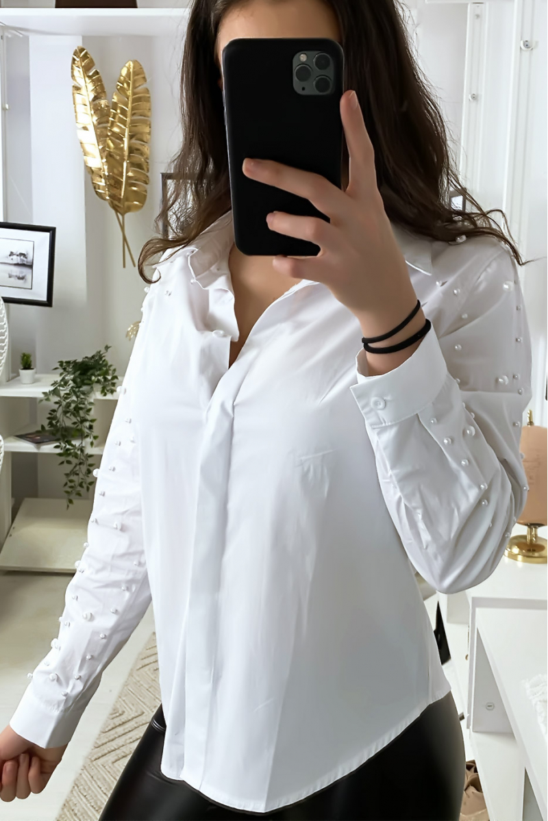 Wit overhemd met parels op mouwen en schouders - 6