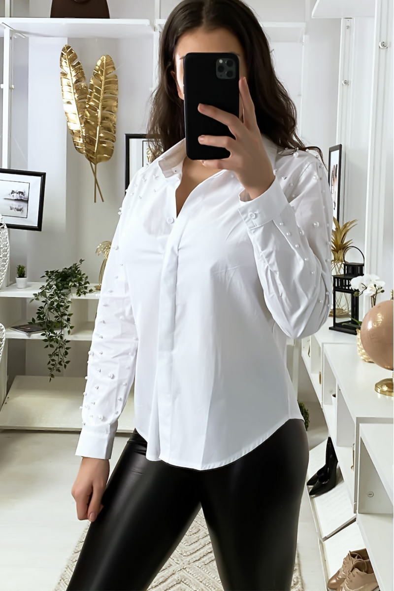 Wit overhemd met parels op mouwen en schouders - 4