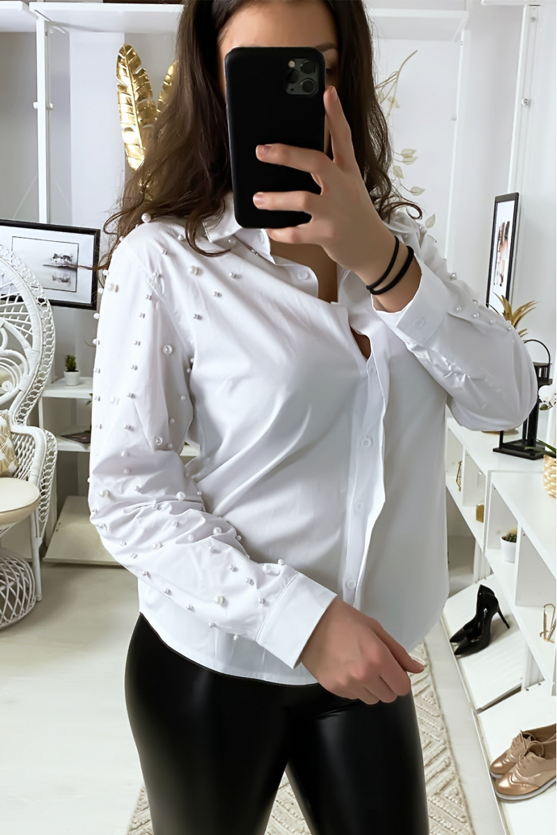 White shirt with pearls on sleeves and shoulders - 7
