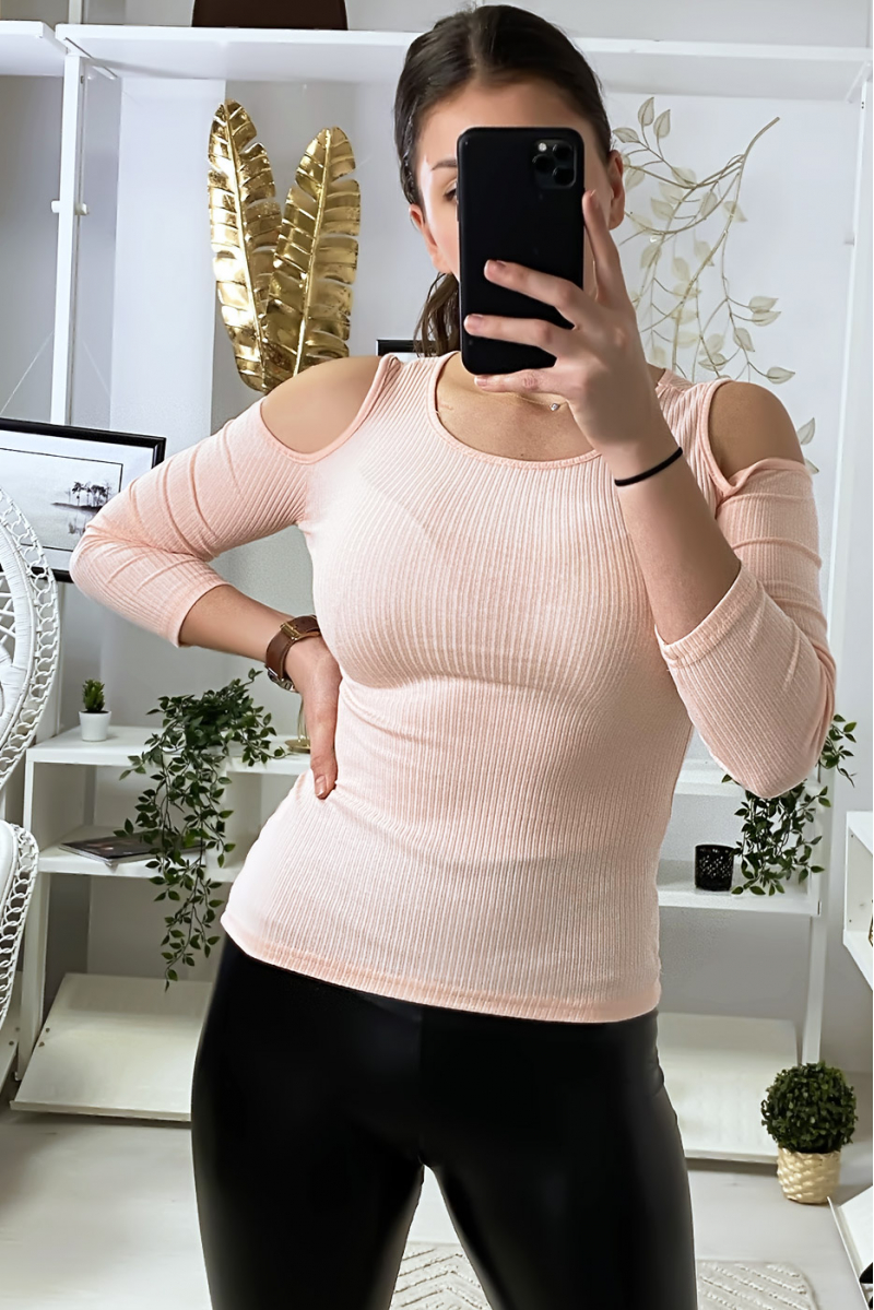Pink ribbed knit top with off the shoulders - 3