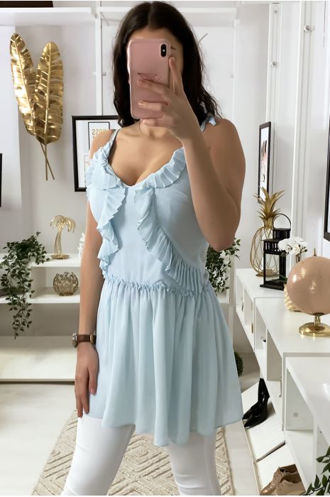 Blue crepe tunic with suspender and frills - 5