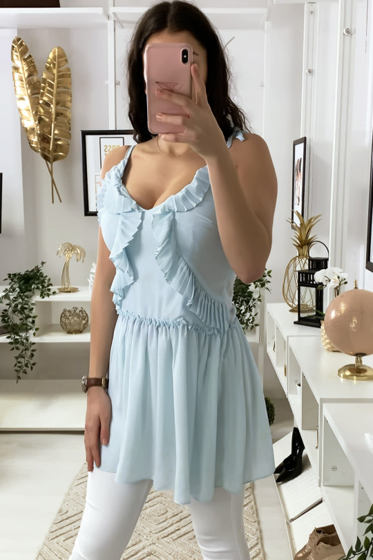 Blue crepe tunic with suspender and frills - 5