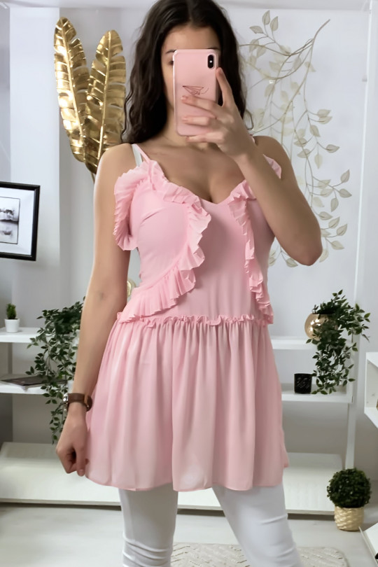 Pink crepe tunic with suspender and frills - 3